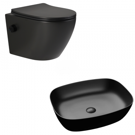 Seturi vase WC cu lavoar - Set vas wc suspendat rimless cu functie de bideu, baterie inclusa, Foglia Oslo plus lavoar dreptunghiular negru mat