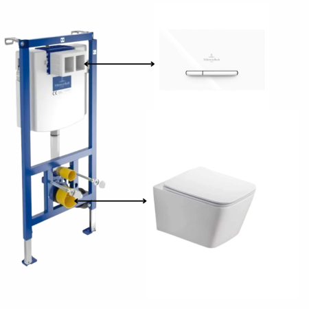 Seturi vas WC suspendat cu rezervor incastrat si clapeta - Set vas wc suspendat rimless, dreptunghiular, alb, Foglia Safari cu rezervor incastrat si clapeta de actionare dubla, alba, ViConnect, Villeroy&Boch