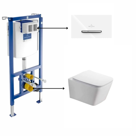 Set vas wc suspendat rimless, dreptunghiular, alb lucios, Foglia Safari cu rezervor incastrat si clapeta de actionare dual-flush, alba cu 2 butoane cromate ViConnect, Villeroy & Boch [0]