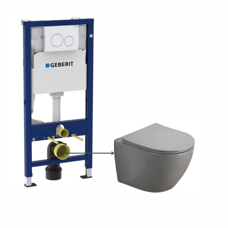 Seturi vas WC suspendat cu rezervor incastrat si clapeta - Set vas wc suspendat rimless Fluminia Alfonzo cu soft close, gri mat si rezervor incastrat Geberit cu clapeta alba Duofix Delta