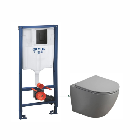 Set vas wc suspendat rimless Fluminia Alfonzo cu soft close, gri mat si rezervor incastrat Grohe Solido cu clapeta neagra mata Even [0]