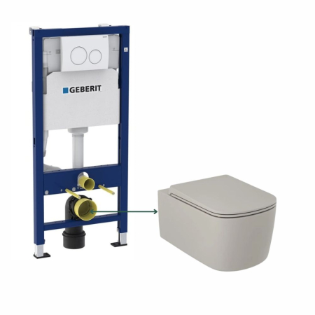 Seturi vas WC suspendat cu rezervor incastrat si clapeta - Set vas wc suspendat rimless, gri nisipiu mat, Kludi Resa S si rezervor incastrat Geberit cu set fixare si clapeta alba Duofix Delta