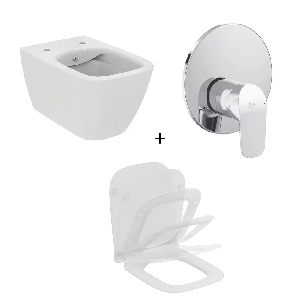 Seturi vase WC cu bideu - Set vas wc suspendat rimless Ideal Standard i.life B functie bideu si capac plus baterie dus incastrata crom