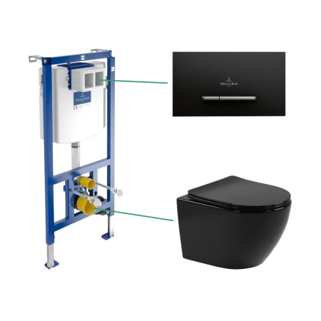 Rezervoare incastrate - Set vas wc suspendat rimless Leziter Delano cu cadru wc suspendat cu rezervor wc incastrat Villeroy & Boch ViConnect si clapeta de actionare dual-flush, negra, Villeroy & Boch ViConnect