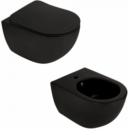 Seturi vase WC cu bideu - Set vas wc suspendat rimless negru cu capac soft close inclus si bideu cu preaplin Deante Peonia