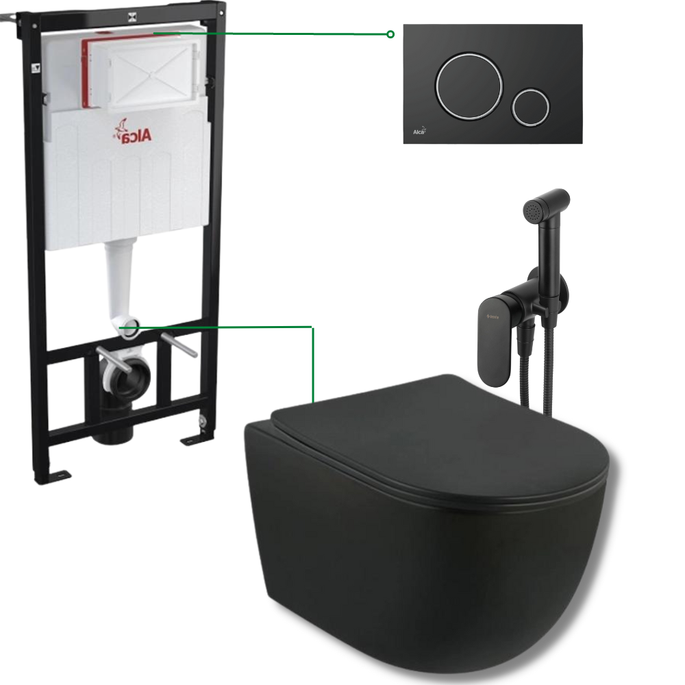 Seturi vas WC suspendat cu rezervor incastrat si clapeta - Set vas wc suspendat rimless negru mat cu capac soft close, baterie bideu, rezervor incastrat si clapeta Alca