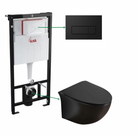 Seturi vas WC suspendat cu rezervor incastrat si clapeta - Set vas wc suspendat, rimless negru mat, Foglia Alice si rezervor incastrat Alcaplast, cu clapeta de actionare negru mat Cersanit