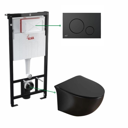 Seturi vas WC suspendat cu rezervor incastrat si clapeta - Set vas wc suspendat, rimless negru mat, Foglia Alice si rezervor incastrat cu clapeta de actionare neagra, Alcadrain