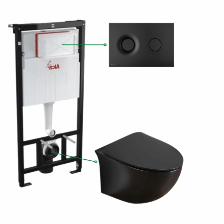 Seturi vas WC suspendat cu rezervor incastrat si clapeta - Set vas wc suspendat, rimless negru mat, Foglia Alice si rezervor incastrat cu clapeta de actionare negru mat, Alcadrain