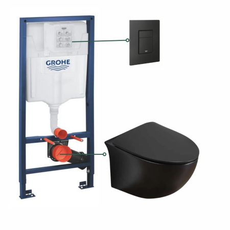 Seturi vas WC suspendat cu rezervor incastrat si clapeta - Set vas wc suspendat, rimless negru mat, Foglia Alice si rezervor incastrat Grohe Solido cu clapeta neagra mata Even