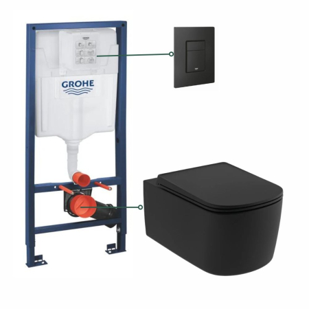 Seturi vas WC suspendat cu rezervor incastrat si clapeta - Set vas wc suspendat, rimless, negru mat, Kludi Resa S si rezervor  incastrat Grohe Solido 3 in 1 cu clapeta neagra mata Even