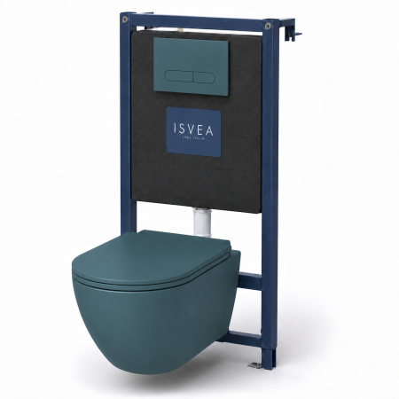 Set vas WC suspendat verde smarald rimless Sapho Infinity cu rezervor incastrat Isvea si clapeta verde smarald mat [0]