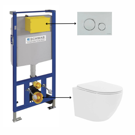Seturi vas WC suspendat cu rezervor incastrat si clapeta - Set vas wc suspendat, tornado, alb, Fluminia Ricci cu rezervor incastrat Schwab cu clapeta de actionare crom lucios, Schwab Vela