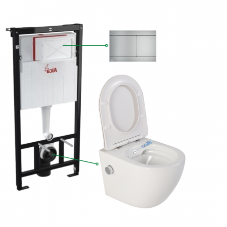 Seturi vas WC suspendat cu rezervor incastrat si clapeta - Set vas wc suspendat cu functie de bideu si cu baterie crom inclusa Foglia Oslo, rezervor wc incastrat cu clapeta aluminiu mat, Alcaplast