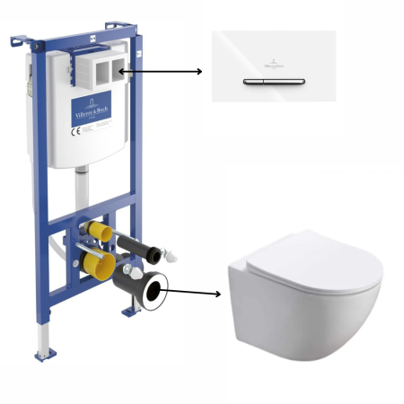 Seturi vas WC suspendat cu rezervor incastrat si clapeta - Set vas wc suspendat, vortex, rotund, Foglia Oslo cu rezervor incastrat si clapeta de actionare dual-flush, alba cu 2 butoane cromate ViConnect, Villeroy & Boch