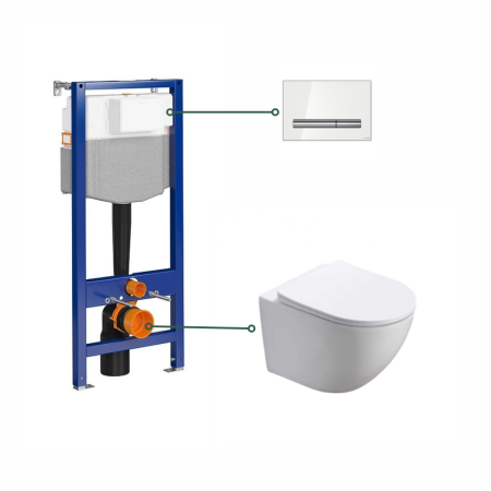 Seturi vas WC suspendat cu rezervor incastrat si clapeta - Set vas wc vortex cu  capac softclose alb, Foglia Oslo, rezervor incastrat si clapeta de actionare alba, Cersanit