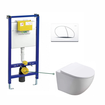 Seturi vas WC suspendat cu rezervor incastrat si clapeta - Set vas wc vortex suspendat, rotund, Foglia Oslo, rezervor incastrat Liv Jog si clapeta alb mat, Selenite Duo