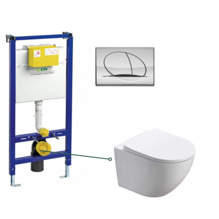Seturi vas WC suspendat cu rezervor incastrat si clapeta - Set vas wc vortex suspendat, rotund, Foglia Oslo, rezervor incastrat Liv Jog si clapeta crom lucios Selenite Duo