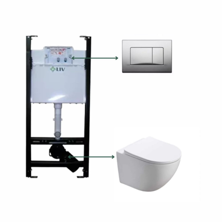 Seturi vas WC suspendat cu rezervor incastrat si clapeta - Set vas wc vortex suspendat, rotund, Foglia Oslo, rezervor incastrat Liv Jog si clapeta crom lucios Selenite Duo