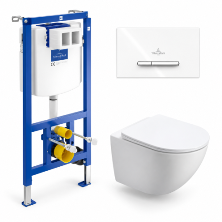 Baie - Set WC suspendat Foglia Oslo Vortex, capac Soft Close, rezervor Villeroy & Boch ViConnect și clapetă albă 300S