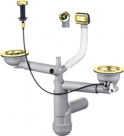 Accesorii chiuvete - Sifon chiuveta bucatarie doua cuve, cu preaplin si ventil cu dop automat, auriu Deante Space-Saver Lux