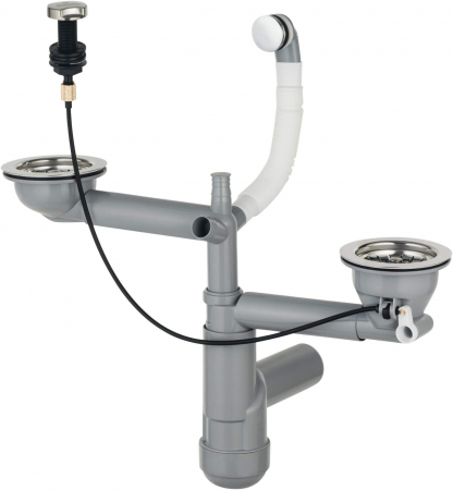 Accesorii chiuvete - Sifon chiuveta bucatarie doua cuve, cu preaplin si ventil cu dop automat Deante Space-Saver Lux