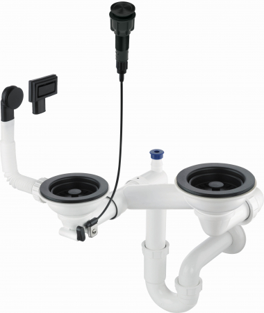 Accesorii chiuvete - Sifon chiuveta granit doua cuve Deante Space-Save, preaplin si ventil cu dop automat, negru