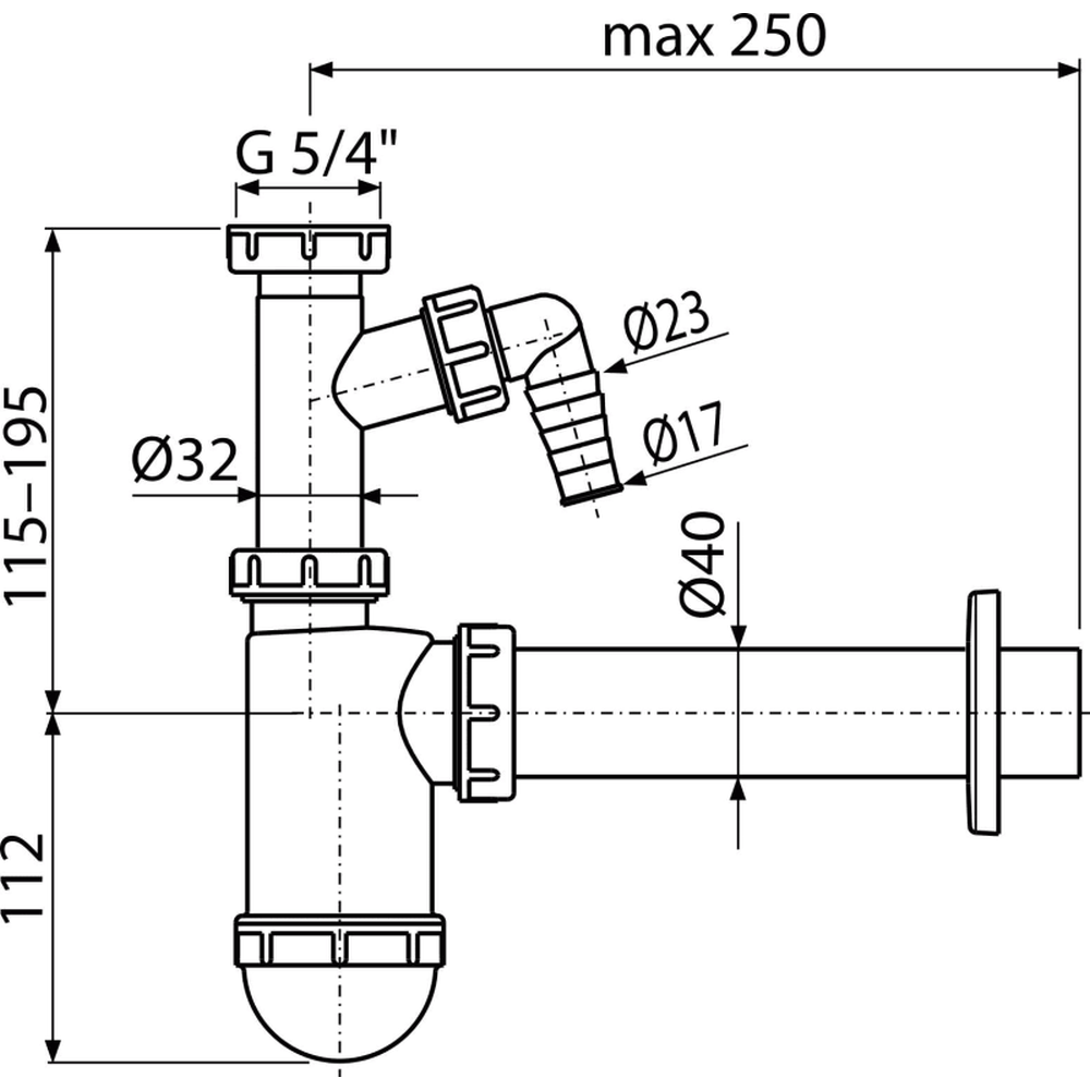 Sifon lavoar Ø40 mm cu legatura masina de spalat si piulita 5/4" Alcadrain A43P [1]