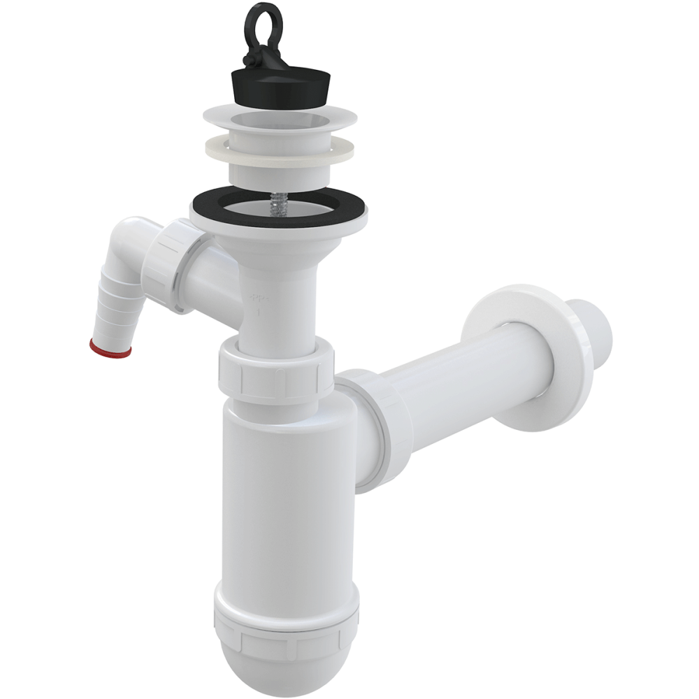 Baie - Sifon lavoar Ø40 mm cu ventil, sita plastic, dop si legatura masina de spalat Alcadrain A42P