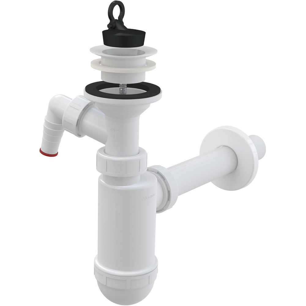 Baie - Sifon lavoar Ø32 mm cu ventil, sita plastic, dop si legatura masina de spalat Alcadrain A420P