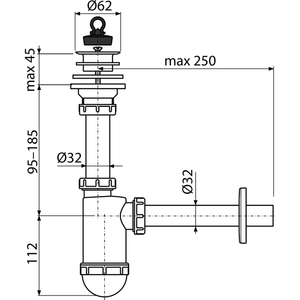 Sifon lavoar Ø32 mm cu ventil, sita plastic si dop Alcadrain A421 [1]