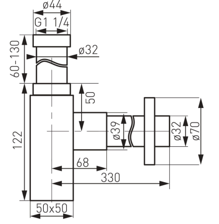 Sifon lavoar rectangular tip butelie Kleome din alama 1 1/4"x32 mm, nichel periat [1]