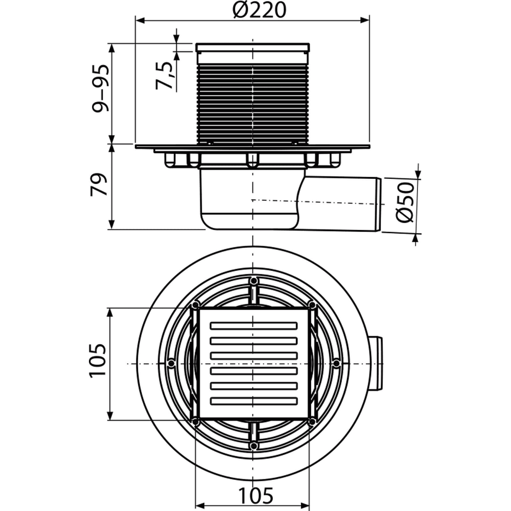 Sifon pardoseala cu gratar otel inoxidabil, 105x105 mm iesire laterala si guler izolatie APV103 [1]