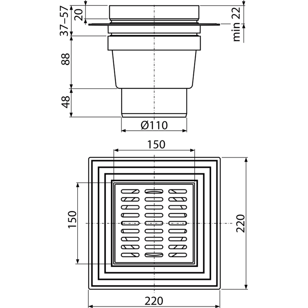 Sifon pardoseala cu gratar otel inoxidabil, 150x150 mm iesire verticala si guler izolatie Alcadrain APV13 [1]