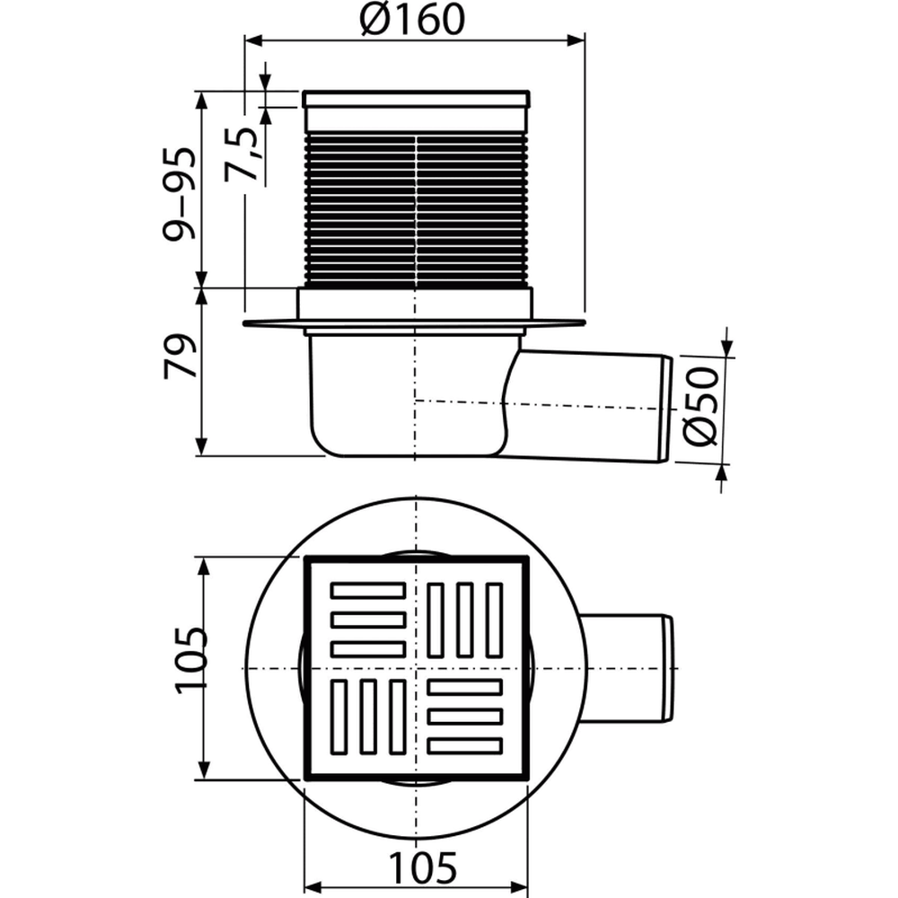 Sifon pardoseala cu gratar plastic gri, 105x105 mm iesire laterala Alcadrain APV5111 [1]