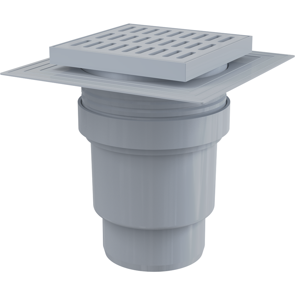 Baie - Sifon pardoseala cu gratar plastic gri, 150x150 mm iesire verticala si guler izolatie Alcadrain APV11