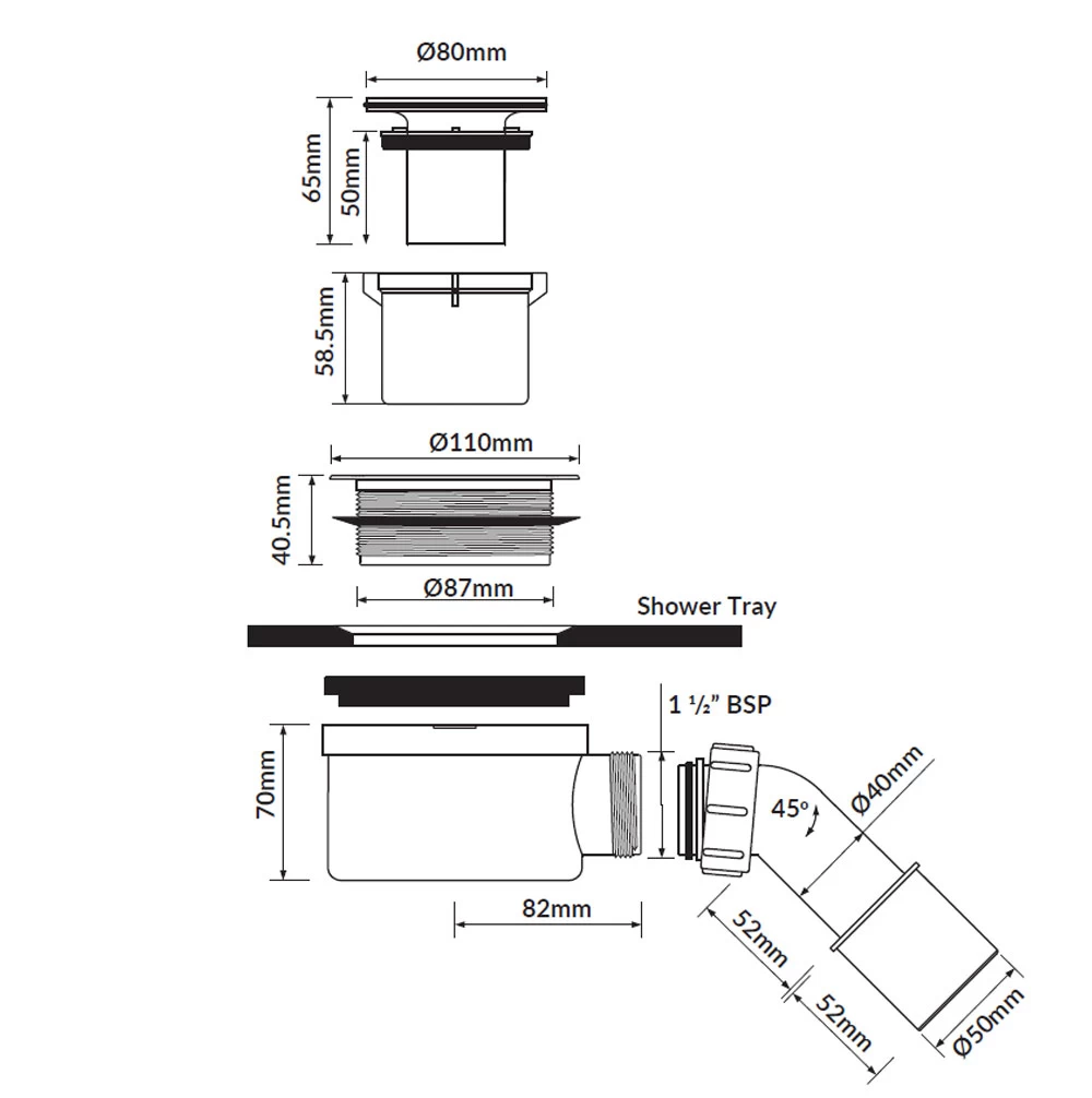 Sifon pentru cadita dus, 90 mm, evacuare 50/40 mm, Cersanit Tako Slim [1]