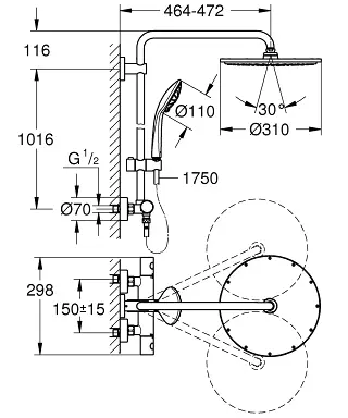 Sistem de dus cu baterie termostatata, palarie de dus 310 mm,  para de dus 110 mm, otel inoxidabil, Grohe Euphoria System [9]