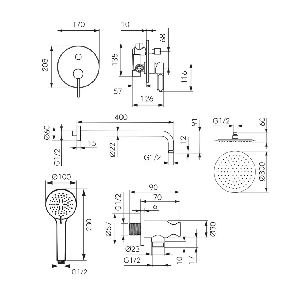 Sistem dus negru mat 6 in 1, baterie incastrata, cap dus fix, brat, para, furtun si racord, Zaffiro, FDesign [1]