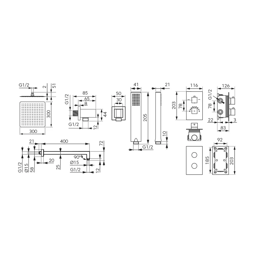 Sistem dus 6 in 1 termostatat Stabilla 8, BOX cu baterie termostatata incastrata 2 iesiri, cap dus fix, brat, para, furtun si racord pentru baterie incastrata, crom [1]