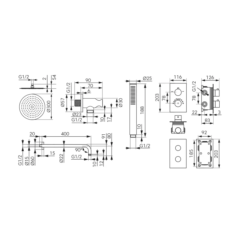 Sistem dus 6 in 1 termostatat Stabilla, BOX cu baterie termostatata incastrata 2 iesiri, cap dus fix, brat, para, furtun si racord pentru baterie incastrata, crom [1]