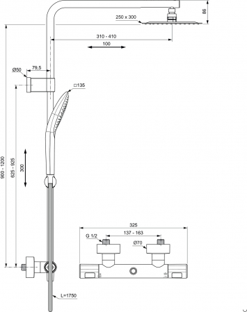 Coloana de dus cu baterie termostatata Ideal Standard Ceratherm T100 crom lucios, palarie dreptunghiulara [6]