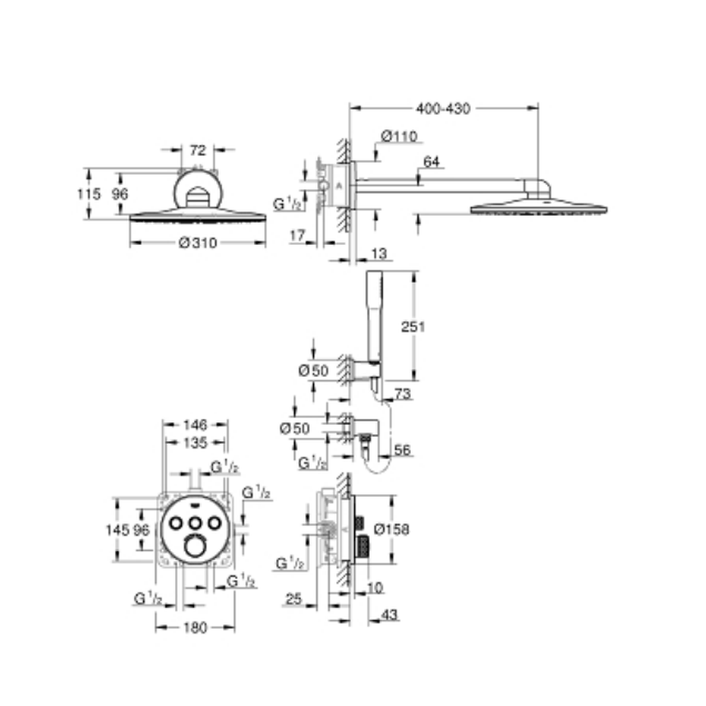 Set de dus incastrat cu baterie termostatata Grohe SmartControl Perfect Rainshower 310 Round [1]