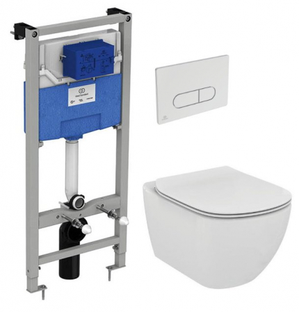 Seturi vas WC suspendat cu rezervor incastrat si clapeta - Set vas wc suspendat Ideal Standard Tesi AquaBlade cu capac soft close, rezervor incastrat si clapeta crom lucios