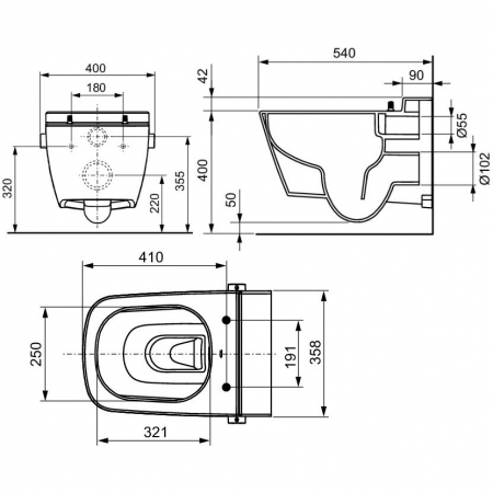 Toaletă suspendată TECEone cu funcție de bideu, apă cada/rece, Rimless, alb si capac inclus [12]