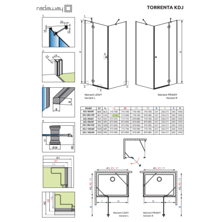 Perete lateral de dus crom, 90x195 cm, sticla 6 mm, Radaway Torrenta S1 [1]