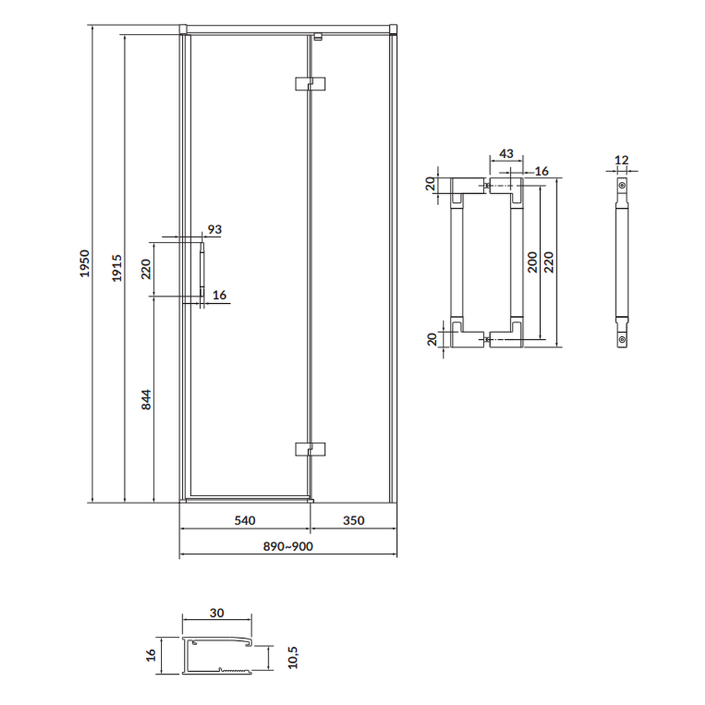 Usa sticla dus batanta 90x195 cm profil negru Cersanit Larga, montare dreapta [1]