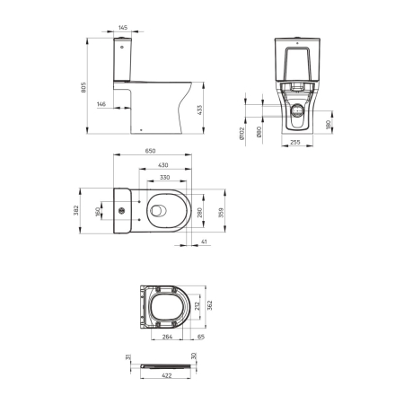 Vas wc compact, alb,  fara bordura, capac cu spăaare turbionara, Deante Jasmin [8]