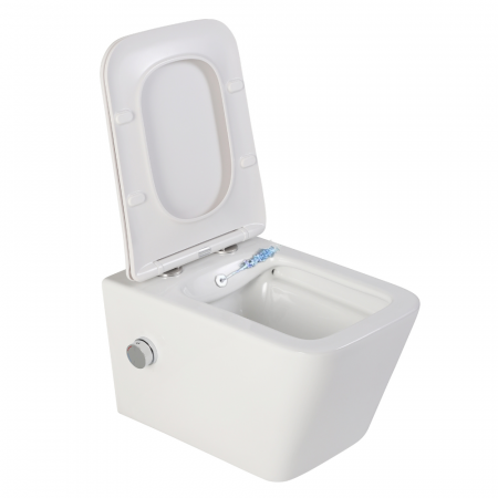 Vase WC cu functie de bideu - Vas wc suspendat cu functie bideu, dreptunghiular, apă calda/rece, rimless, capac soft close, baterie crom Foglia Safari