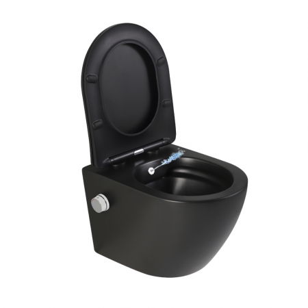 Vase WC cu functie de bideu - Vas wc suspendat cu functie bideu, negru mat, apă calda/rece, spalare rimless, baterie inclusa crom Foglia Oslo